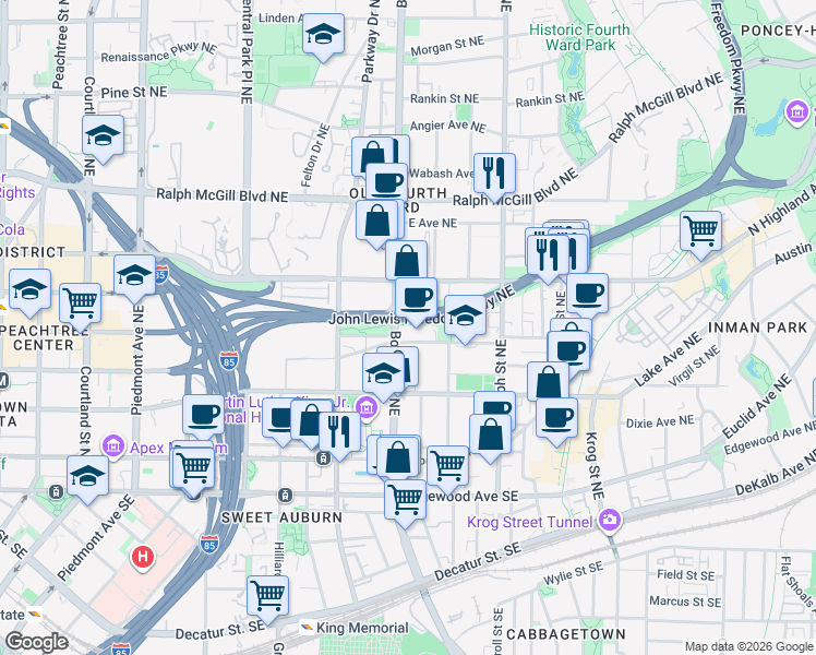 map of restaurants, bars, coffee shops, grocery stores, and more near 480 John Wesley Dobbs Avenue Northeast in Atlanta