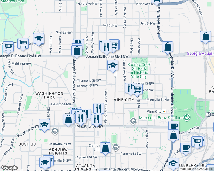 map of restaurants, bars, coffee shops, grocery stores, and more near 187 James P Brawley Drive Northwest in Atlanta
