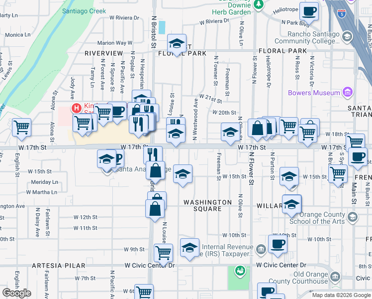 map of restaurants, bars, coffee shops, grocery stores, and more near 1139 West 17th Street in Santa Ana