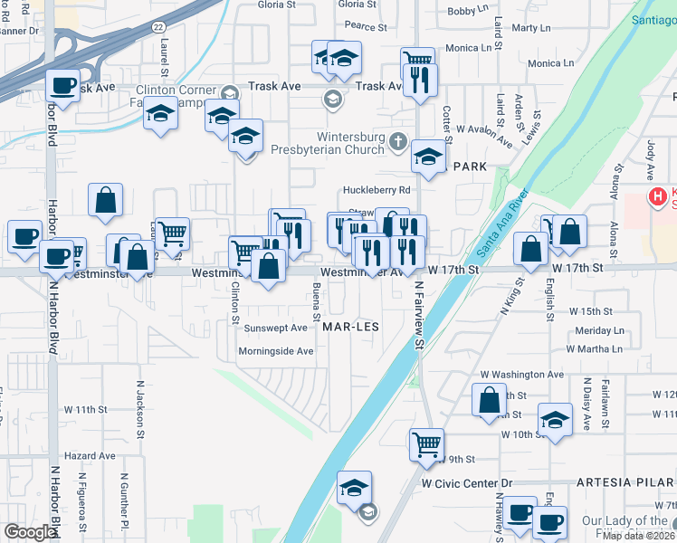 map of restaurants, bars, coffee shops, grocery stores, and more near 1714 Sydney Street in Santa Ana