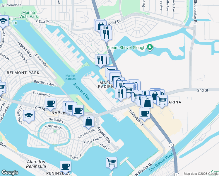 map of restaurants, bars, coffee shops, grocery stores, and more near in Long Beach