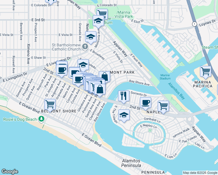 map of restaurants, bars, coffee shops, grocery stores, and more near 253 Claremont Avenue in Long Beach