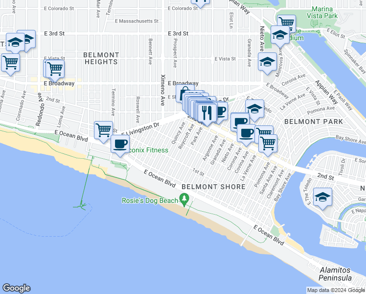 map of restaurants, bars, coffee shops, grocery stores, and more near 149 Roycroft Avenue in Long Beach