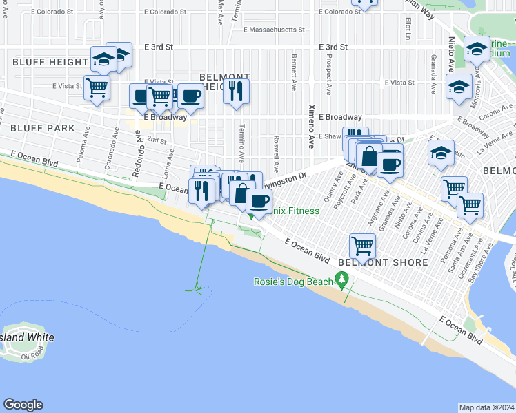 map of restaurants, bars, coffee shops, grocery stores, and more near 130 East 1st Street in Long Beach