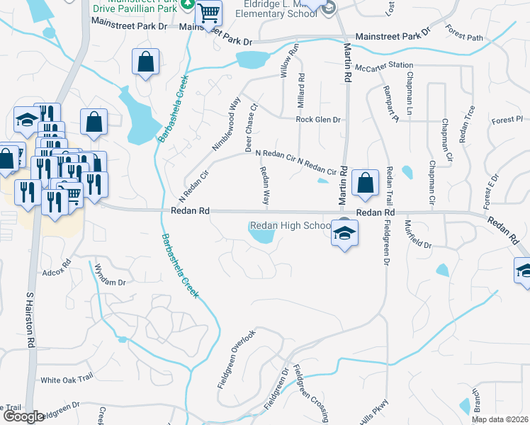 map of restaurants, bars, coffee shops, grocery stores, and more near 1145 Redan Way in Stone Mountain