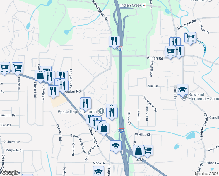 map of restaurants, bars, coffee shops, grocery stores, and more near 1192 Winston Drive in Decatur