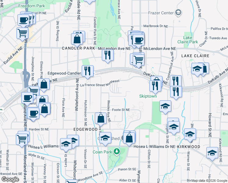 map of restaurants, bars, coffee shops, grocery stores, and more near 286 Carlyle Park Drive in Atlanta