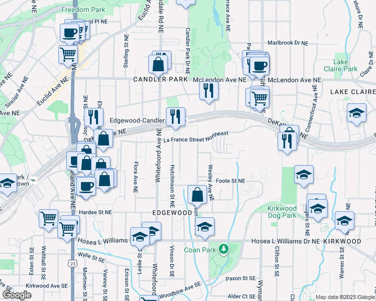 map of restaurants, bars, coffee shops, grocery stores, and more near in Atlanta