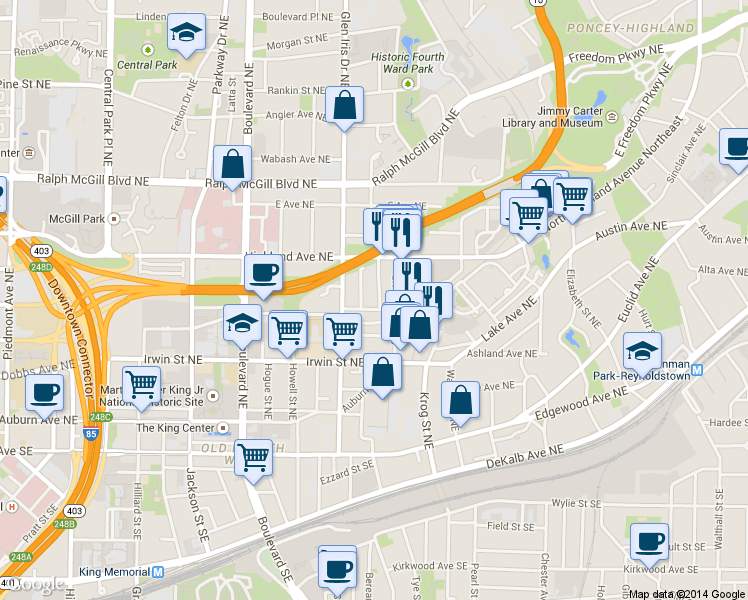 map of restaurants, bars, coffee shops, grocery stores, and more near 229 Corley Street Northeast in Atlanta