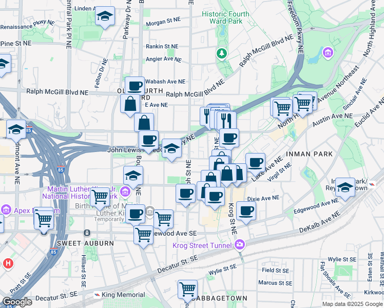 map of restaurants, bars, coffee shops, grocery stores, and more near 223 Randolph Street Northeast in Atlanta