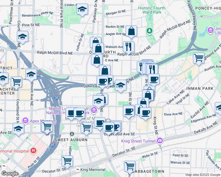 map of restaurants, bars, coffee shops, grocery stores, and more near 240 Howell Street Northeast in Atlanta