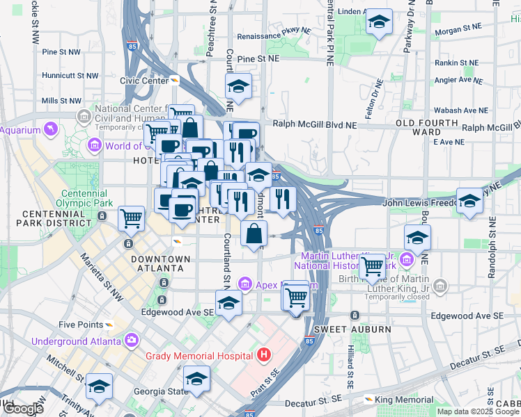 map of restaurants, bars, coffee shops, grocery stores, and more near 222 Piedmont Avenue Northeast in Atlanta