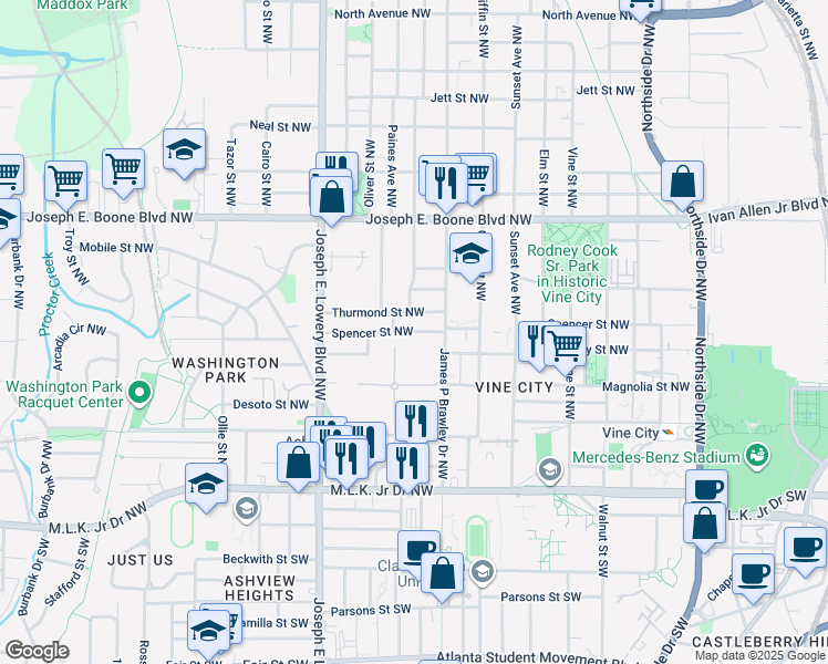 map of restaurants, bars, coffee shops, grocery stores, and more near 811 Thurmond Street Northwest in Atlanta