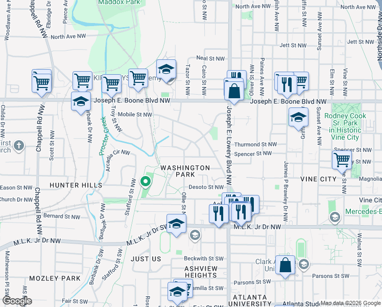 map of restaurants, bars, coffee shops, grocery stores, and more near 993 Washington Heights Terrace Northwest in Atlanta