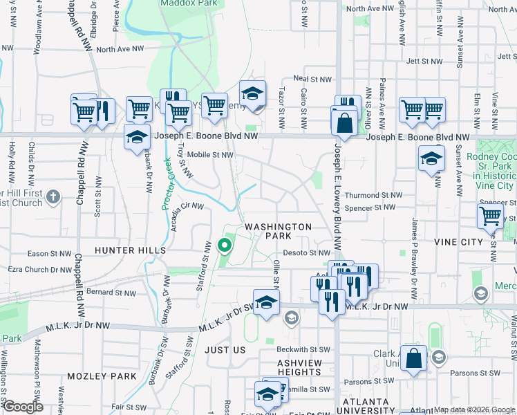 map of restaurants, bars, coffee shops, grocery stores, and more near 1069 Ollie Circle Northwest in Atlanta