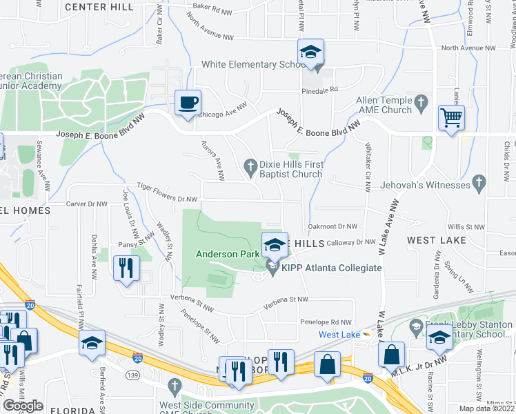 map of restaurants, bars, coffee shops, grocery stores, and more near 1961 Tiger Flowers Drive Northwest in Atlanta