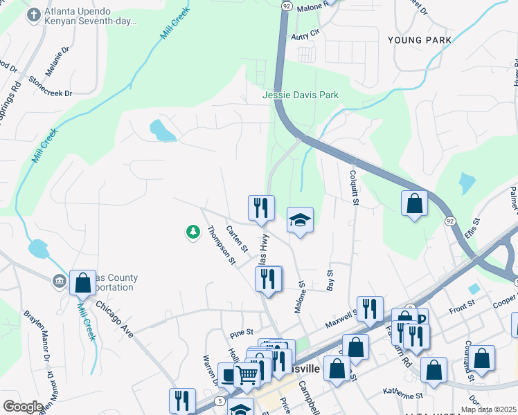 map of restaurants, bars, coffee shops, grocery stores, and more near 8065 Georgia 92 in Douglasville