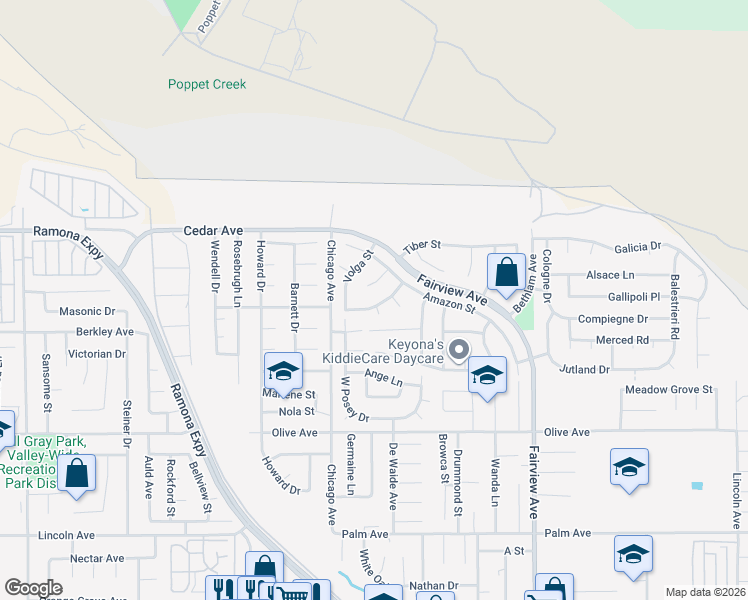 map of restaurants, bars, coffee shops, grocery stores, and more near 43608 Savannah Way in Hemet