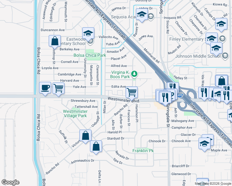 map of restaurants, bars, coffee shops, grocery stores, and more near 13966 Chelmsford Walk in Westminster