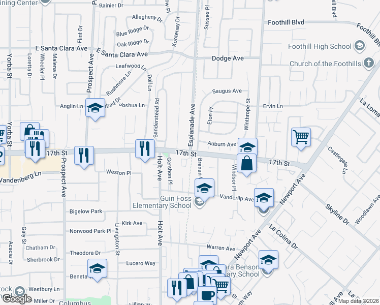 map of restaurants, bars, coffee shops, grocery stores, and more near East 17th Street & Esplanade Avenue in North Tustin