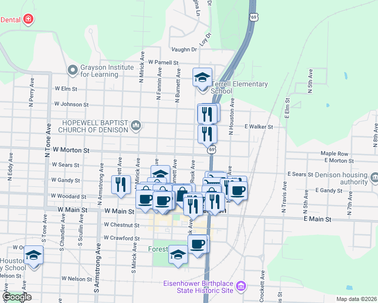 map of restaurants, bars, coffee shops, grocery stores, and more near 515 North Rusk Avenue in Denison
