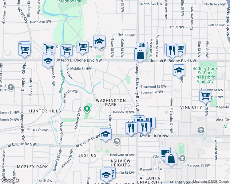 map of restaurants, bars, coffee shops, grocery stores, and more near 993 Washington Heights Terrace Northwest in Atlanta