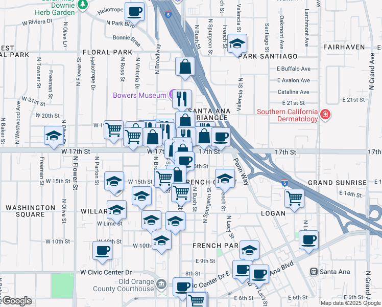 map of restaurants, bars, coffee shops, grocery stores, and more near in Santa Ana
