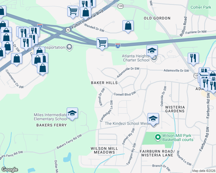 map of restaurants, bars, coffee shops, grocery stores, and more near 4063 Cornell Boulevard Southwest in Atlanta