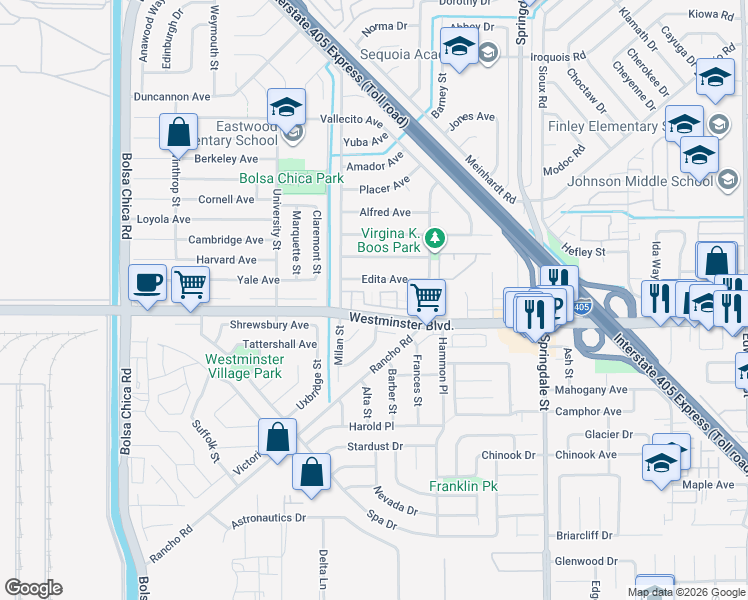map of restaurants, bars, coffee shops, grocery stores, and more near 13966 Chelmsford Walk in Westminster