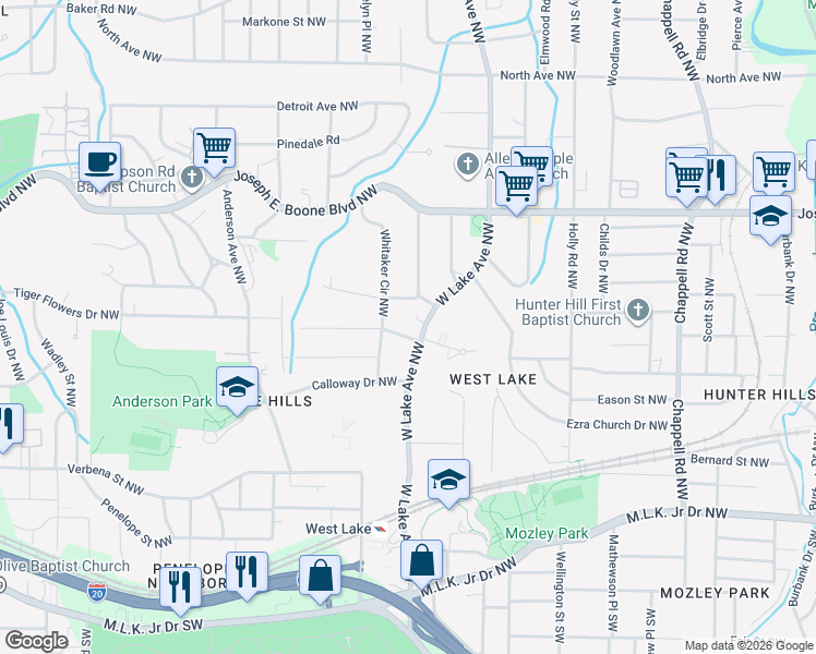 map of restaurants, bars, coffee shops, grocery stores, and more near 1738 Springview Road Northwest in Atlanta
