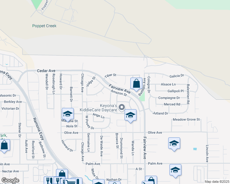 map of restaurants, bars, coffee shops, grocery stores, and more near 43731 Amazon Street in Hemet