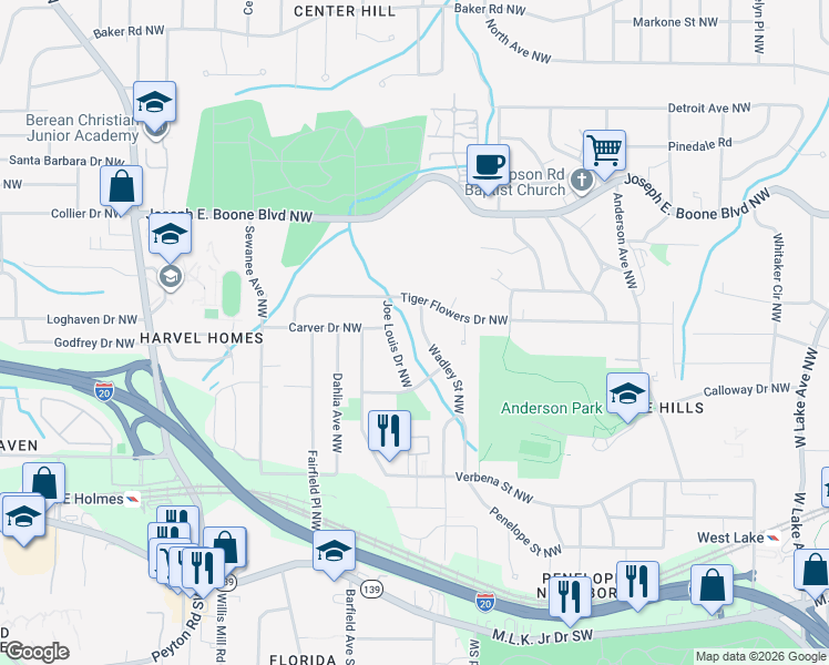 map of restaurants, bars, coffee shops, grocery stores, and more near 318 Wadley Street Northwest in Atlanta