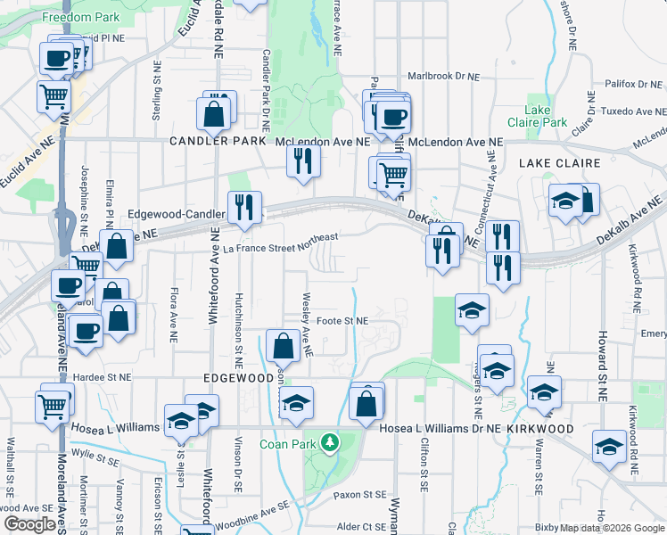 map of restaurants, bars, coffee shops, grocery stores, and more near 312 Carlyle Park Drive in Atlanta