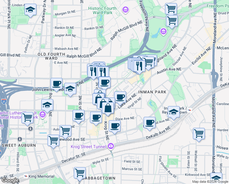 map of restaurants, bars, coffee shops, grocery stores, and more near 100 Montag Circle in Atlanta