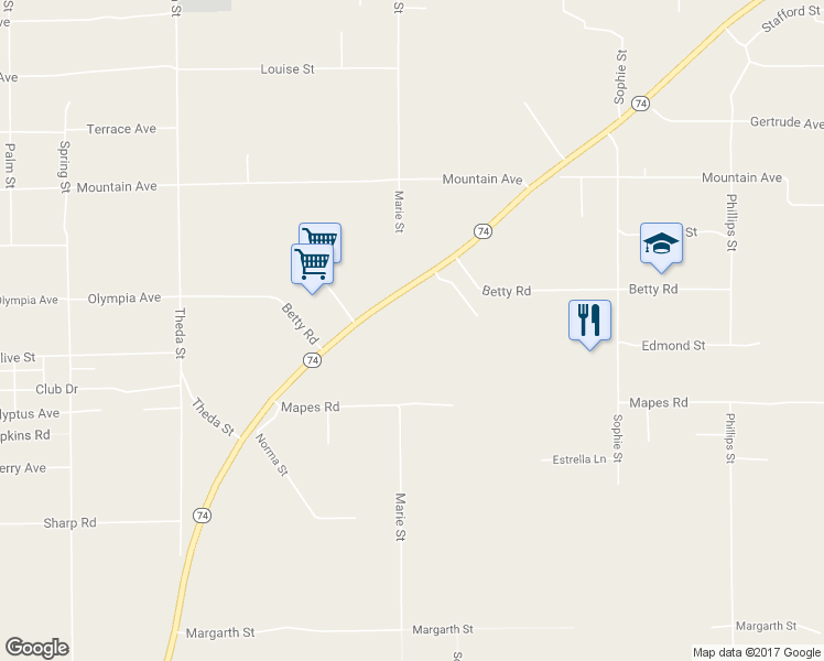 map of restaurants, bars, coffee shops, grocery stores, and more near 24740 California 74 in Perris