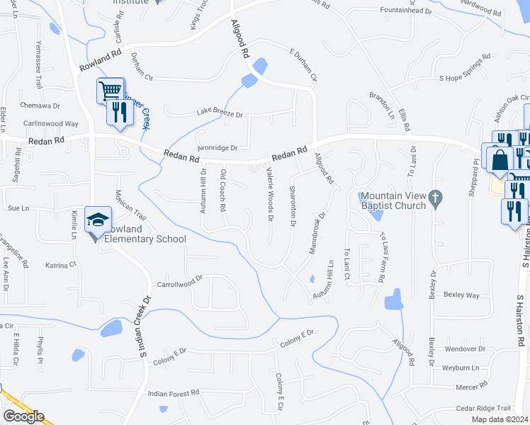 map of restaurants, bars, coffee shops, grocery stores, and more near 1177 Valerie Woods Drive in Stone Mountain