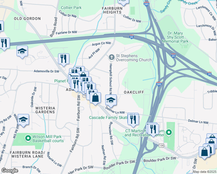map of restaurants, bars, coffee shops, grocery stores, and more near 158 Hemphill School Road Northwest in Atlanta