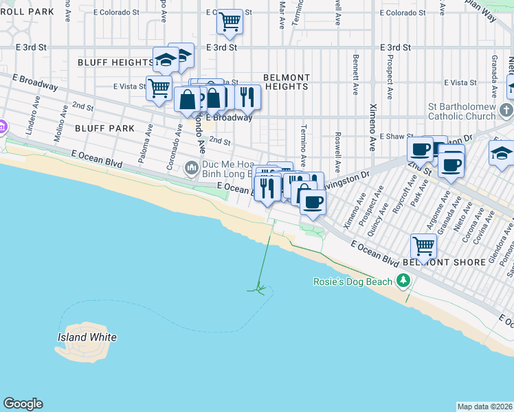 map of restaurants, bars, coffee shops, grocery stores, and more near 11 38th Place in Long Beach