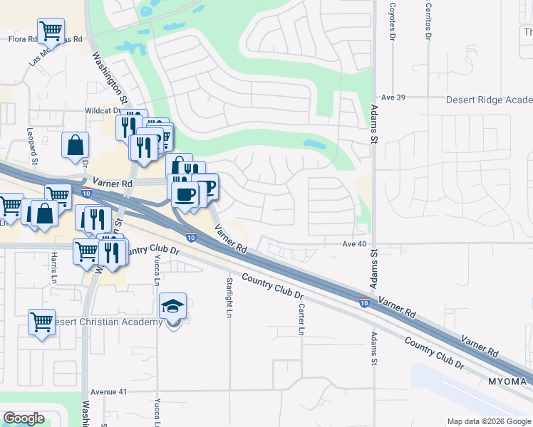 map of restaurants, bars, coffee shops, grocery stores, and more near 78568 Glastonbury Way in Palm Desert