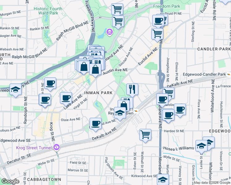 map of restaurants, bars, coffee shops, grocery stores, and more near Euclid Ave NE & Hurt St NE in Atlanta
