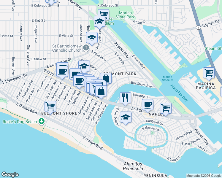 map of restaurants, bars, coffee shops, grocery stores, and more near 253 Claremont Avenue in Long Beach