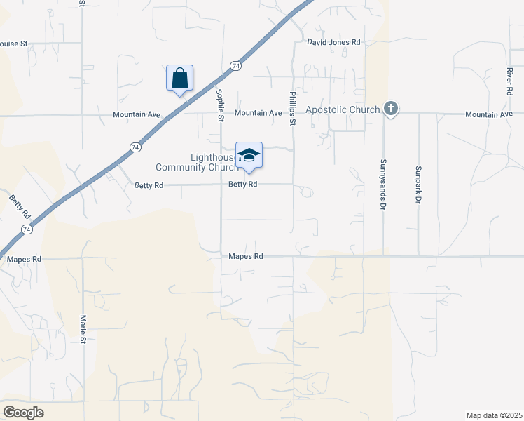 map of restaurants, bars, coffee shops, grocery stores, and more near 23129 Betty Road in Perris