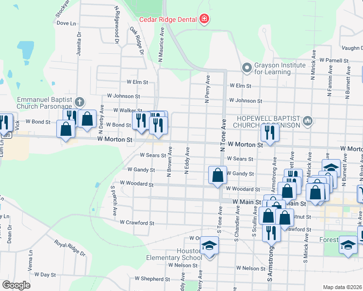 map of restaurants, bars, coffee shops, grocery stores, and more near 1331 West Morton Street in Denison