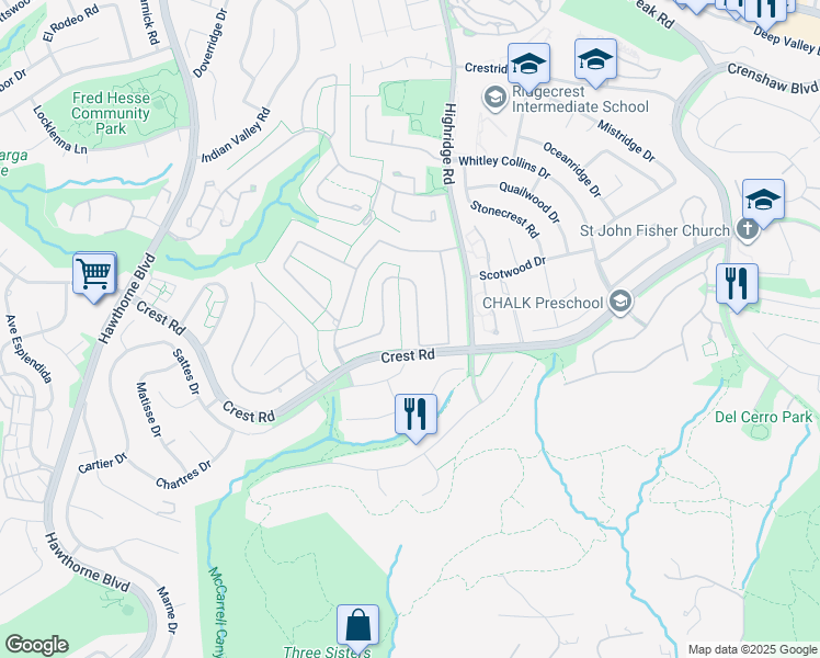 map of restaurants, bars, coffee shops, grocery stores, and more near 30 Misty Acres Road in Rolling Hills Estates