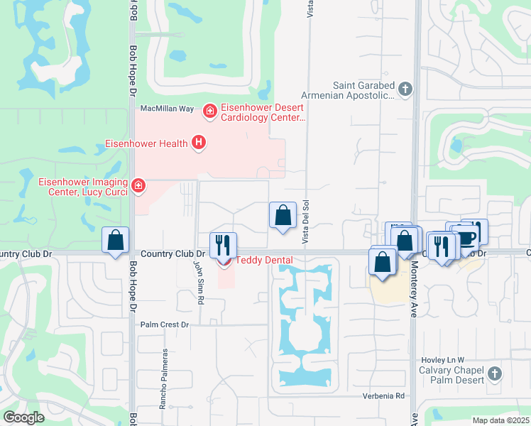 map of restaurants, bars, coffee shops, grocery stores, and more near 39725 Burton Drive in Rancho Mirage