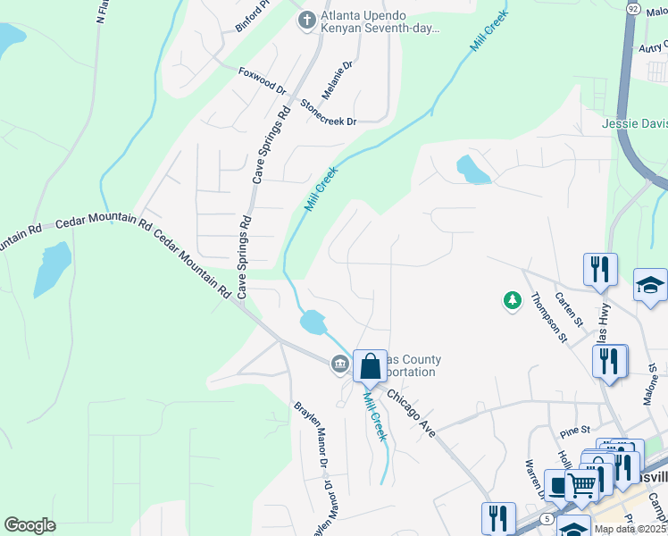 map of restaurants, bars, coffee shops, grocery stores, and more near 7105 Creeksong Drive in Douglasville