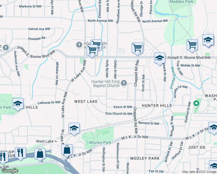 map of restaurants, bars, coffee shops, grocery stores, and more near 165 Holly Road Northwest in Atlanta
