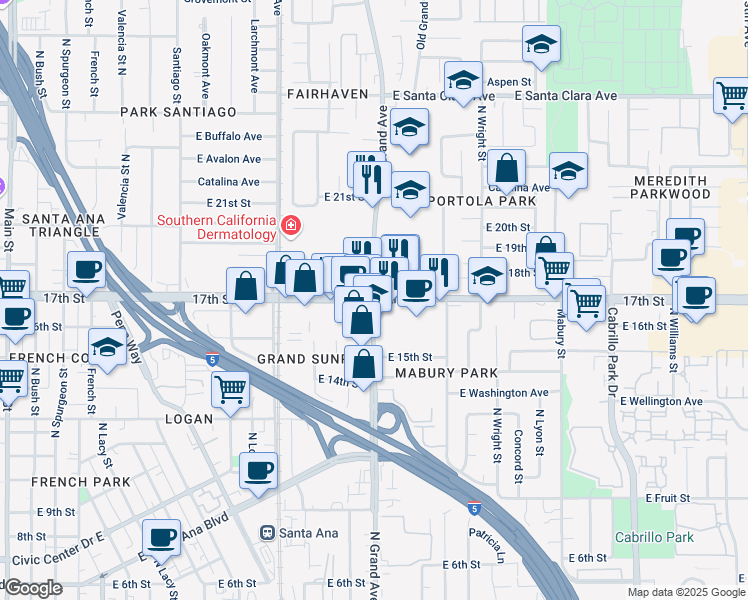 map of restaurants, bars, coffee shops, grocery stores, and more near East 17th Street & North Grand Avenue in Santa Ana