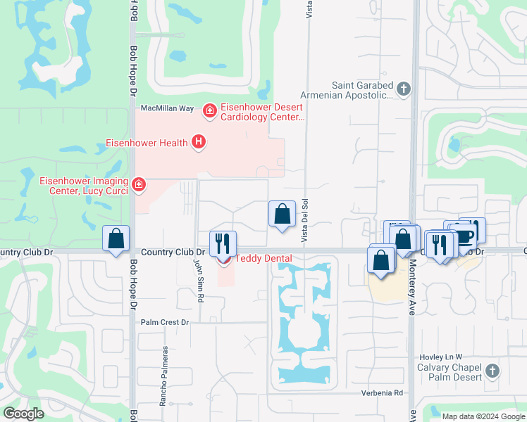 map of restaurants, bars, coffee shops, grocery stores, and more near 39725 Burton Drive in Rancho Mirage