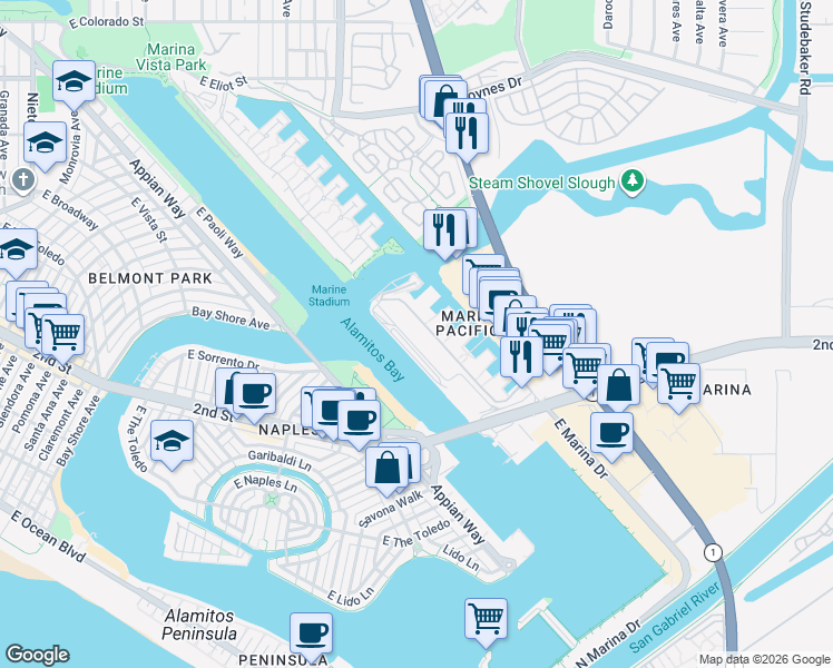 map of restaurants, bars, coffee shops, grocery stores, and more near 6201 Marina Pacifica Drive North in Long Beach